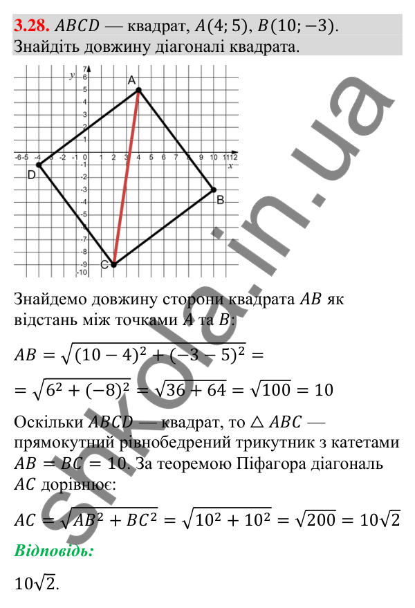 Завдання 3.28 Відповідь до завдання 3.28 (с. 33) з математики для 9 класу (Істер, 2026): Координати середини відрізка