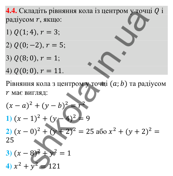 Відповідь до завдання 4.4 (с. 37) з математики для 9 класу (Істер, 2026): Рівняння кола