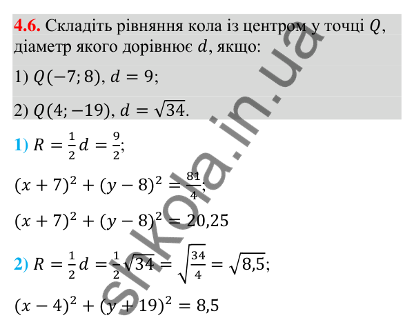 Відповідь до завдання 4.6 (с. 37) з математики для 9 класу (Істер, 2026): Рівняння кола