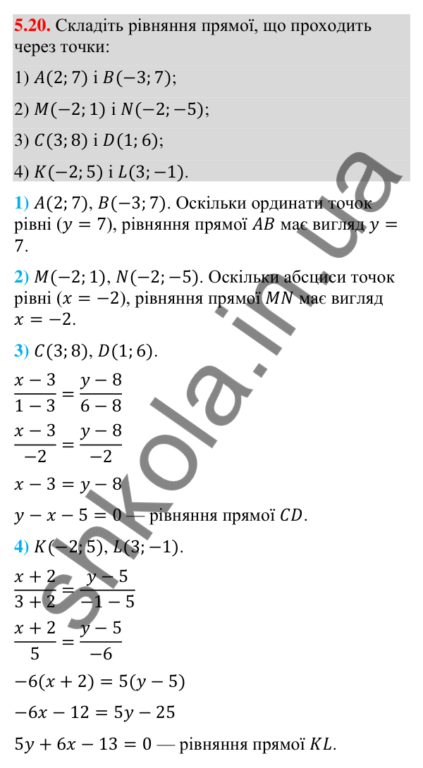 Завдання 5.20 Відповідь до завдання 5.20 (с. 47) з математики для 9 класу (Істер, 2026): Рівняння прямої