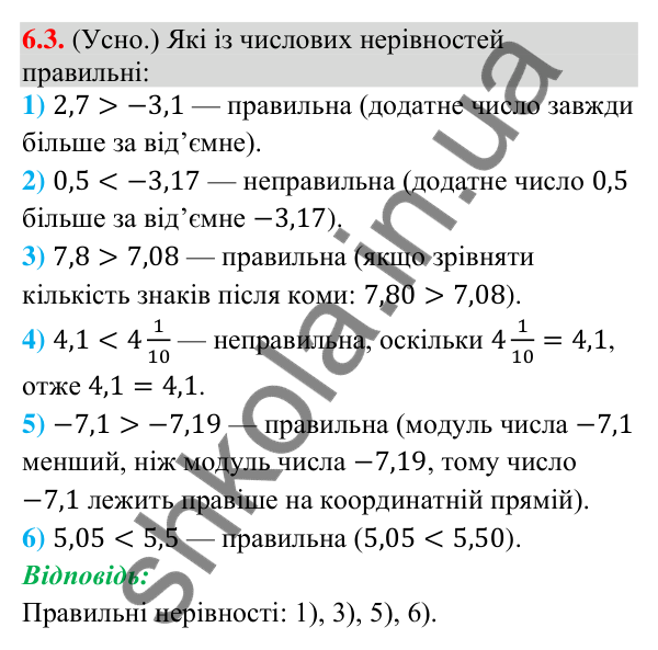 Завдання 6.3 Відповідь до завдання 6.3 (с. 71) з математики для 9 класу (Істер, 2026): Числові нерівності