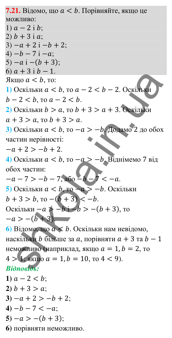 Відповідь до завдання 7.21 (с. 80) з математики для 9 класу (Істер, 2026): Властивості числових нерівностей