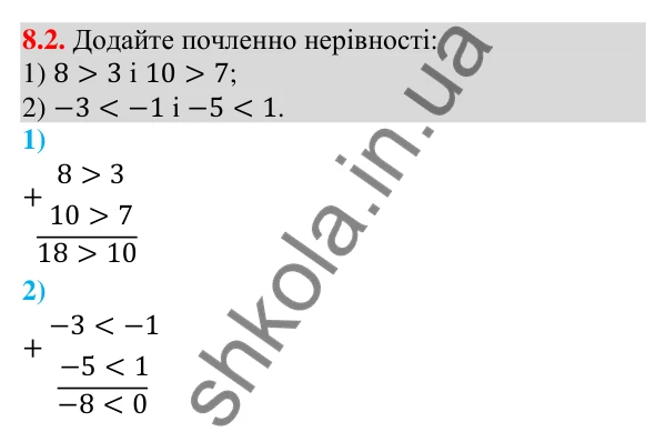 Відповідь до завдання 8.2 (с. 85) з математики для 9 класу (Істер, 2026): Почленне додавання і множення нерівностей