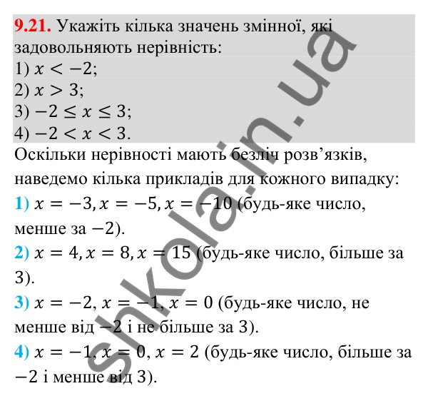Завдання 9.21 Відповідь до завдання 9.21 (с. 91) з математики для 9 класу (Істер, 2026): Нерівності зі змінними