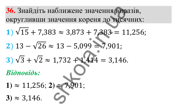 Відповідь до завдання 36 (с. 61) з повторення алгебри за 8 клас для 9 класу (Істер, 2026): Квадратні корені. Дійсні числа