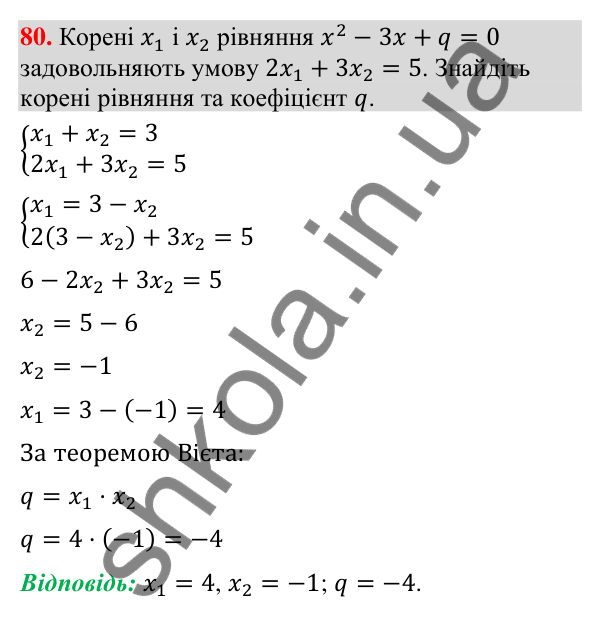Відповідь до завдання 80 (с. 65) з повторення алгебри за 8 клас для 9 класу (Істер, 2026): Квадратні рівняння