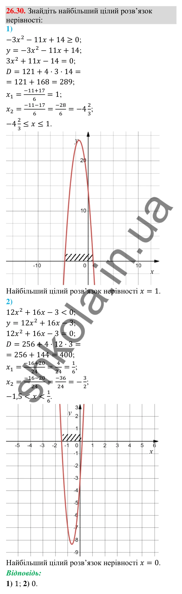Завдання 26.30 Відповідь до завдання 26.30 (с. 12) з математики для 9 класу (Істер, 2026): Квадратна нерівність