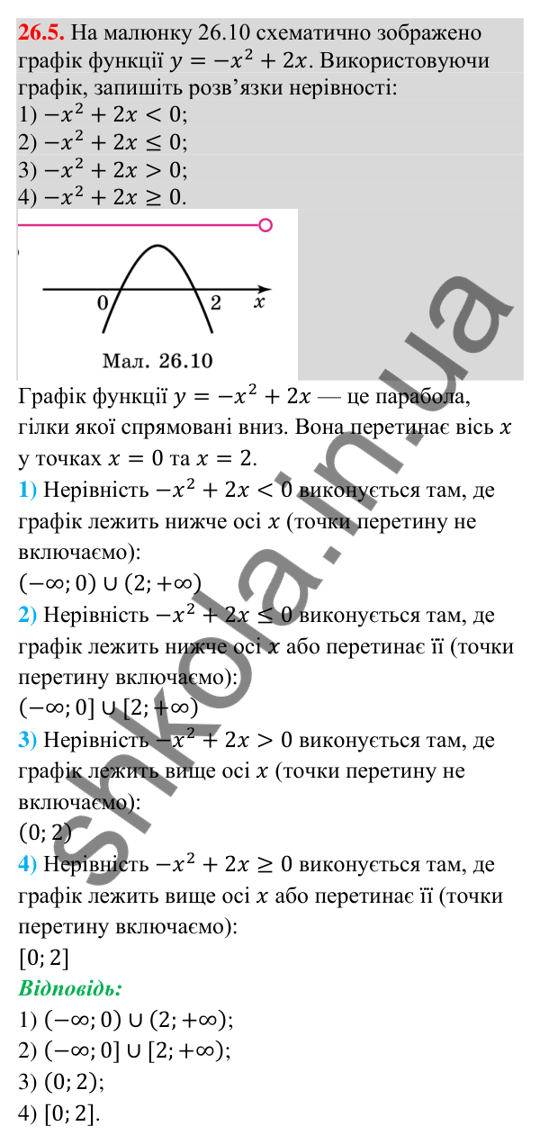 Відповідь до завдання 26.5 (с. 10) з математики для 9 класу (Істер, 2026): Квадратна нерівність