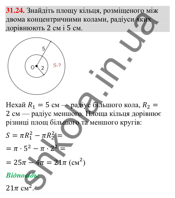 Завдання 31.24 Відповідь до завдання 31.24 (с. 59) з математики для 9 класу (Істер, 2026): Площа круга та його частин