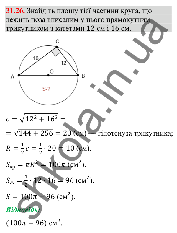Завдання 31.26 Відповідь до завдання 31.26 (с. 59) з математики для 9 класу (Істер, 2026): Площа круга та його частин
