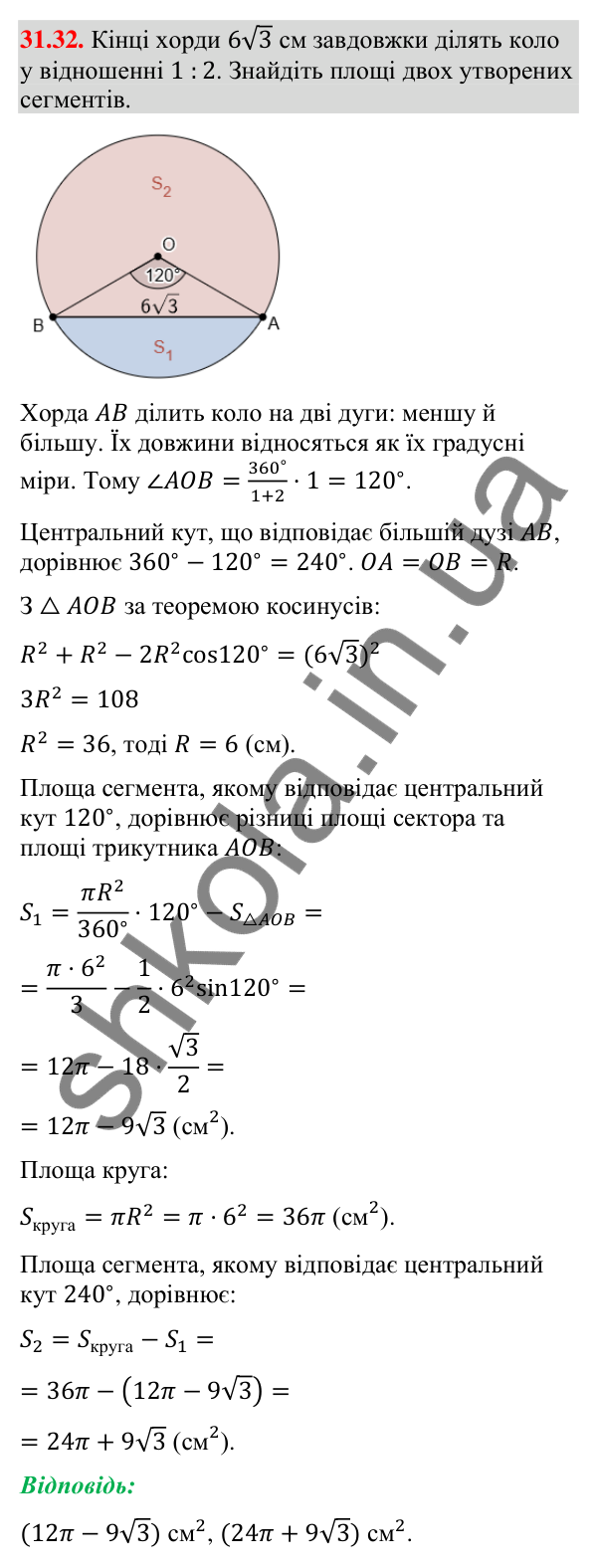 Відповідь до завдання 31.32 (с. 60) з математики для 9 класу (Істер, 2026): Площа круга та його частин