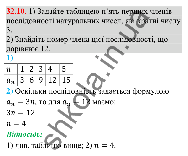 Відповідь до завдання 32.10 (с. 72) з математики для 9 класу (Істер, 2026): Числові послідовності