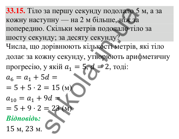 Завдання 33.15 Відповідь до завдання 33.15 (с. 79) з математики для 9 класу (Істер, 2026): Арифметична прогресія та її властивості