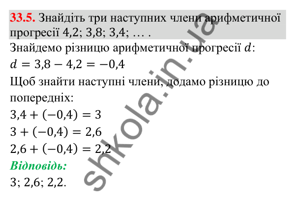 Завдання 33.5 Відповідь до завдання 33.5 (с. 78) з математики для 9 класу (Істер, 2026): Арифметична прогресія та її властивості