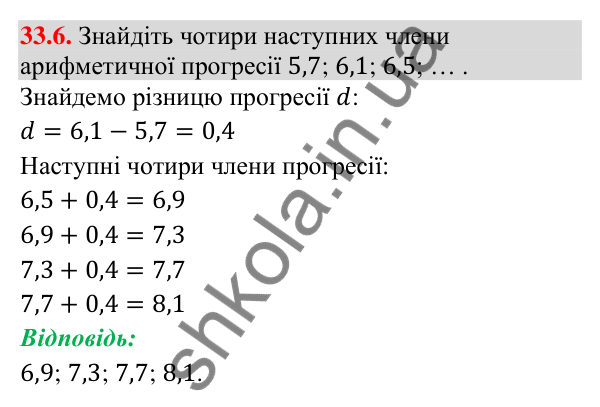 Завдання 33.6 Відповідь до завдання 33.6 (с. 78) з математики для 9 класу (Істер, 2026): Арифметична прогресія та її властивості