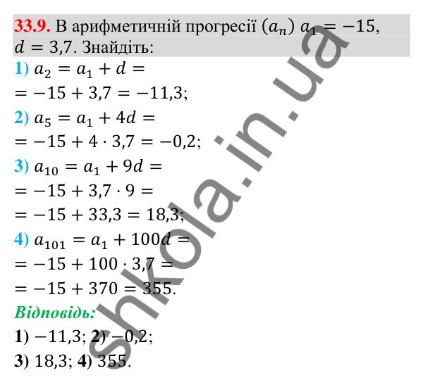 Завдання 33.9 Відповідь до завдання 33.9 (с. 79) з математики для 9 класу (Істер, 2026): Арифметична прогресія та її властивості