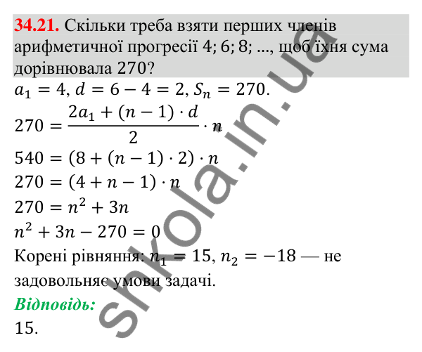 Завдання 34.21 Відповідь до завдання 34.21 (с. 86) з математики для 9 класу (Істер, 2026): Сума членів арифметичної прогресії
