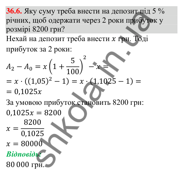 Відповідь до завдання 36.6 (с. 97) з математики для 9 класу (Істер, 2026): Формула складних відсотків