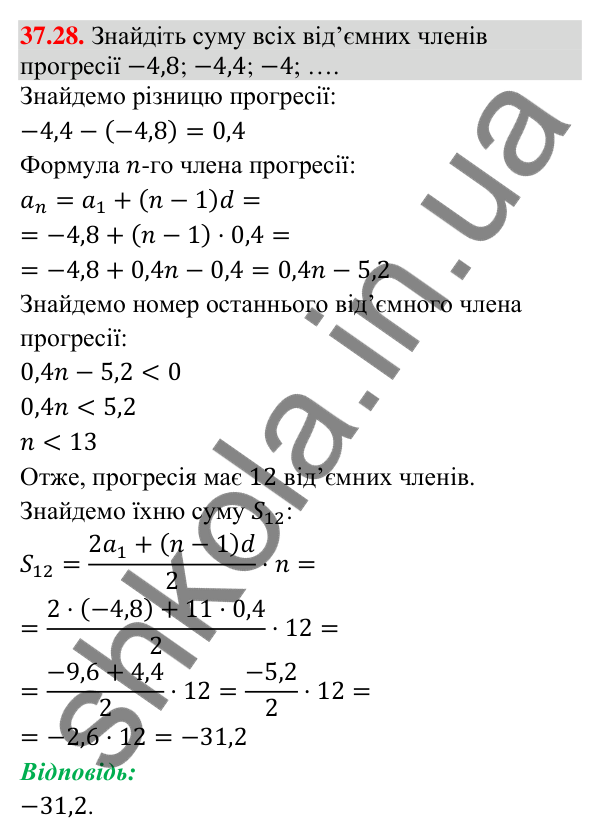 Завдання 37.28 Відповідь до завдання 37.28 (с. 103) з математики для 9 класу (Істер, 2026): Сума членів геометричної прогресії