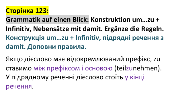 Відповідь до рубрики Grammatik auf einen Blick (с. 123) з німецької мови для 9 класу, Басай 2026: Parallelen-Ukraine