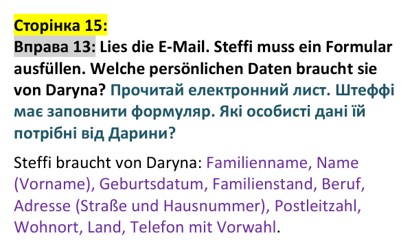 Відповідь до вправи 13 (с. 15) з німецької мови для 9 класу, Басай 2026: Persönliche Daten