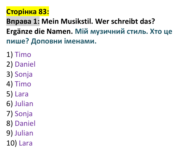 Відповідь до вправи 1 (с. 83) з німецької мови для 9 класу, Басай 2026: Zwischenstation 2. Musik, Musik, Musik …