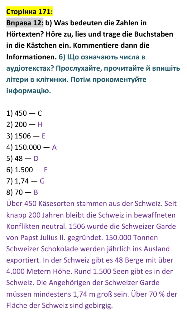 Відповідь до вправи 12 сторінка 171 - ГДЗ Німецька мова 9 клас Сотникова, Гоголєва 2026 (9-й рік навчання). Lektion 7, Modul B: Hier wird Deutsch gesprochen
