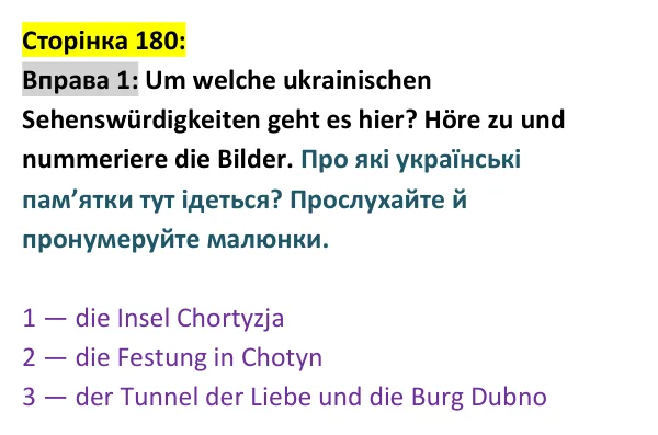 Відповідь до вправи 1 сторінка 180 - ГДЗ Німецька мова 9 клас Сотникова, Гоголєва 2026 (9-й рік навчання). Lektion 7, Modul E: Geschichtenzeit