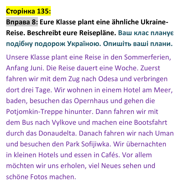Відповідь до вправи 8 сторінка 135 - ГДЗ Німецька мова 9 клас Сотникова 2026: Lektion 6, Stunde 48 «Wir planen eine...