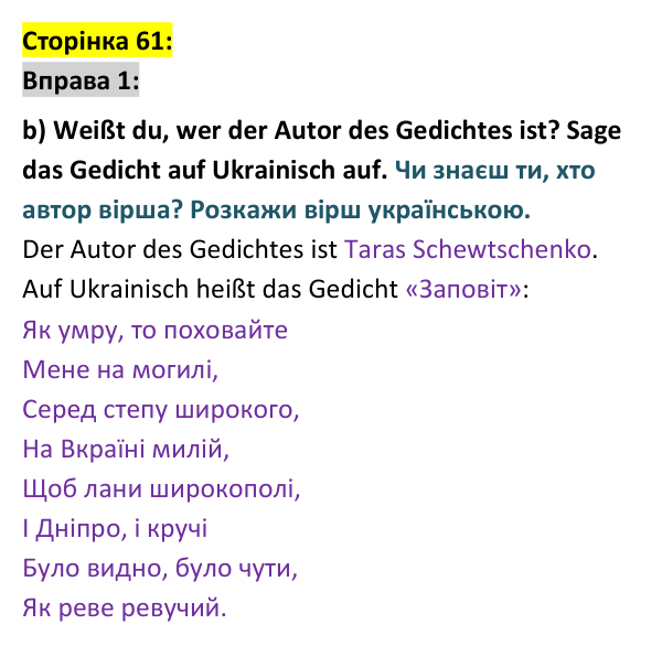 Відповідь до вправи 1 сторінка 61 - ГДЗ Німецька мова 9 клас Сотникова 2026: Lektion 3, Stunde 22 «Unsere Lieblingsautoren»