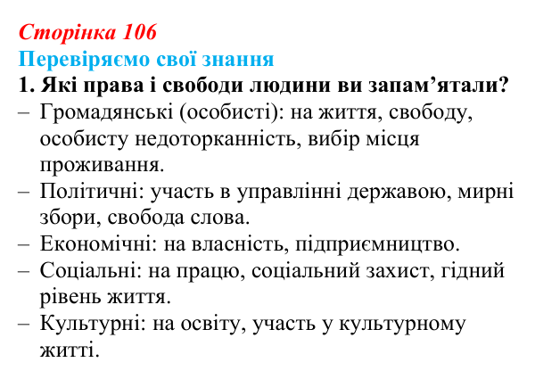 Відповідь до завдання 1 «Перевіряємо свої знання» § 10 (с. 106) з правознавства для 9 класу, Берендєєв 2026: Що таке права...