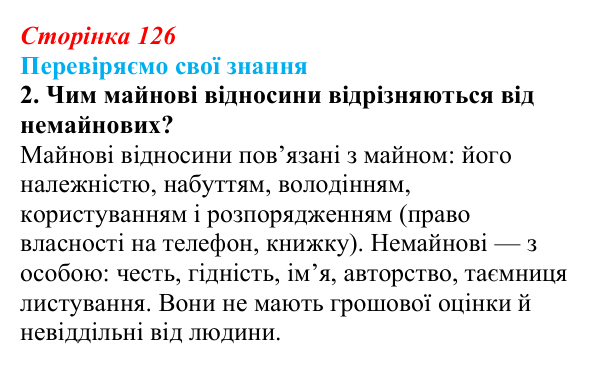 Відповідь до завдання 2 «Перевіряємо свої знання» § 12 (с. 126) з правознавства для 9 класу, Берендєєв 2026: Цивільне право