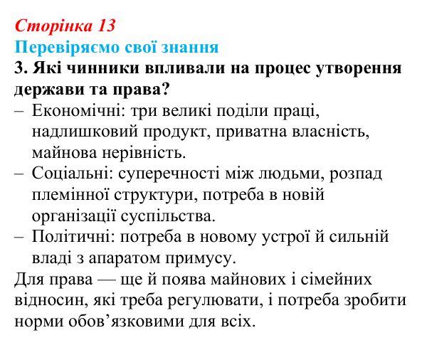 Відповідь до завдання 3 «Перевіряємо свої знання» § 1 (с. 13) з правознавства для 9 класу, Берендєєв 2026: Походження...