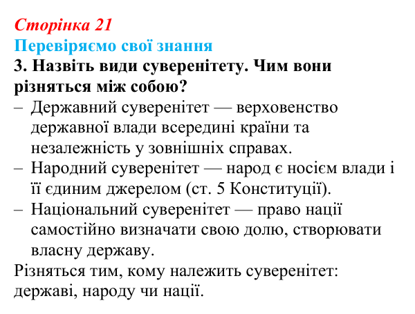 Відповідь до завдання 3 «Перевіряємо свої знання» § 2 (с. 21) з правознавства для 9 класу, Берендєєв 2026: Поняття...
