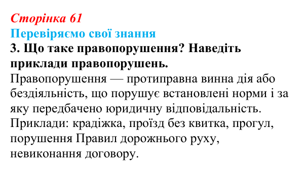 Відповідь до завдання 3 «Перевіряємо свої знання» § 6 (с. 61) з правознавства для 9 класу, Берендєєв 2026: Правопорушення...