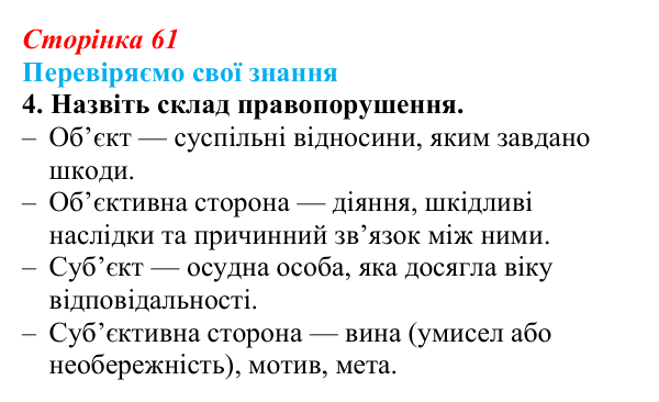 Відповідь до завдання 4 «Перевіряємо свої знання» § 6 (с. 61) з правознавства для 9 класу, Берендєєв 2026: Правопорушення...