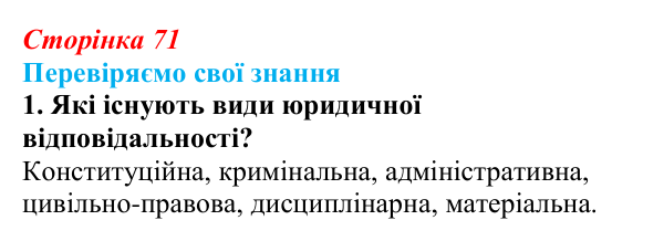 Відповідь до завдання 1 «Перевіряємо свої знання» § 7 (с. 71) з правознавства для 9 класу, Берендєєв 2026: Юридична...