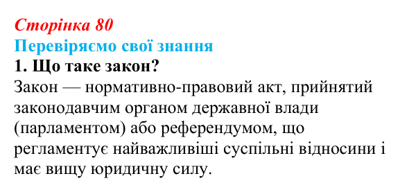 Відповідь до завдання 1 «Перевіряємо свої знання» § 8 (с. 80) з правознавства для 9 класу, Берендєєв 2026: Що таке закон...