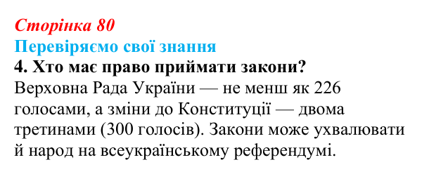 Відповідь до завдання 4 «Перевіряємо свої знання» § 8 (с. 80) з правознавства для 9 класу, Берендєєв 2026: Що таке закон...