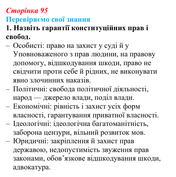 Відповідь до завдання 1 «Перевіряємо свої знання» § 9 (с. 95) з правознавства для 9 класу, Берендєєв 2026: Конституційні...