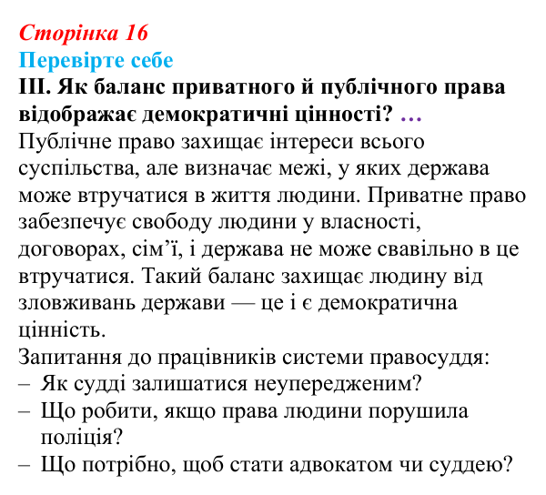 Відповідь до «Перевірте себе», рівень III, § 1 (с. 16) з правознавства для 9 класу, Васильків 2026: Світ юриспруденції...
