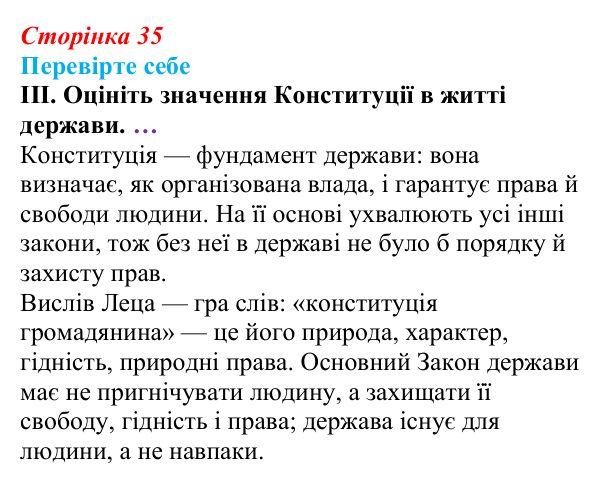 Відповідь до «Перевірте себе», рівень III, § 3 (с. 35) з правознавства для 9 класу, Васильків 2026: Конституція як вершина...
