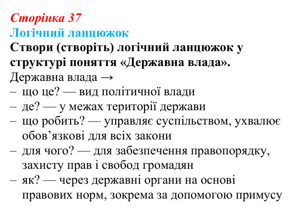 Відповідь до логічного ланцюжка § 4 (с. 37) з правознавства для 9 класу, Васильків 2026: Державний механізм від столиці...