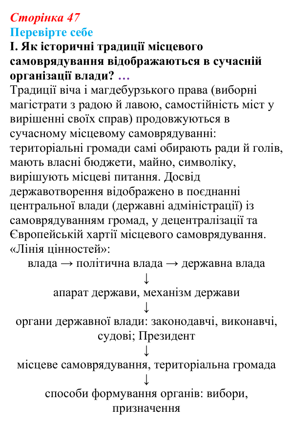 Відповідь до «Перевірте себе», рівень I, § 4 (с. 47) з правознавства для 9 класу, Васильків 2026: Державний механізм від...