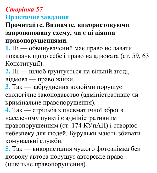 Відповідь до практичного завдання § 5 (с. 57) з правознавства для 9 класу, Васильків 2026: Правовідносини і юридичні...