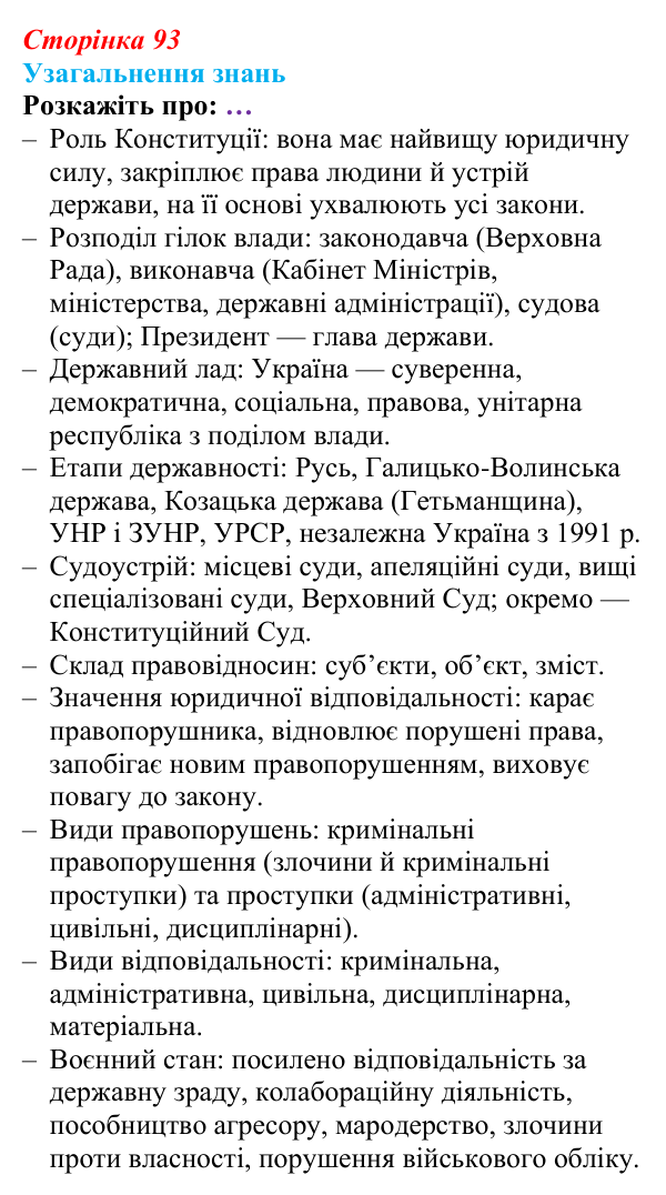 Відповідь до завдання 4 узагальнення розділу 1 (с. 93) з правознавства для 9 класу, Васильків 2026