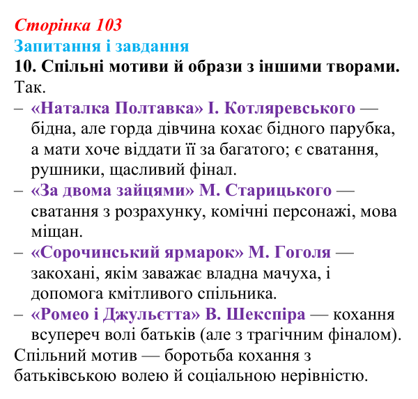 Сторінка 103, завдання 10 Відповідь до завдання 10 (с. 103) з української літератури для 9 класу, Архипова 2026: Г. Квітка-Основ’яненко, «Сватання...