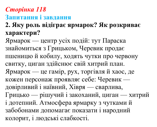 Відповідь до завдання 2 (с. 118) з української літератури для 9 класу, Архипова 2026: М. Гоголь, «Сорочинський ярмарок»