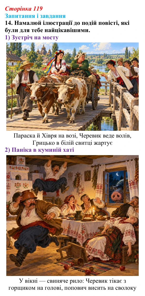 Відповідь до завдання 14 (с. 119) з української літератури для 9 класу, Архипова 2026: М. Гоголь, «Сорочинський ярмарок»