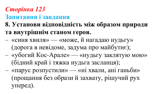 Відповідь до завдання 8 (с. 123) з української літератури для 9 класу, Архипова 2026: Т. Шевченко, «Готово! Парус...